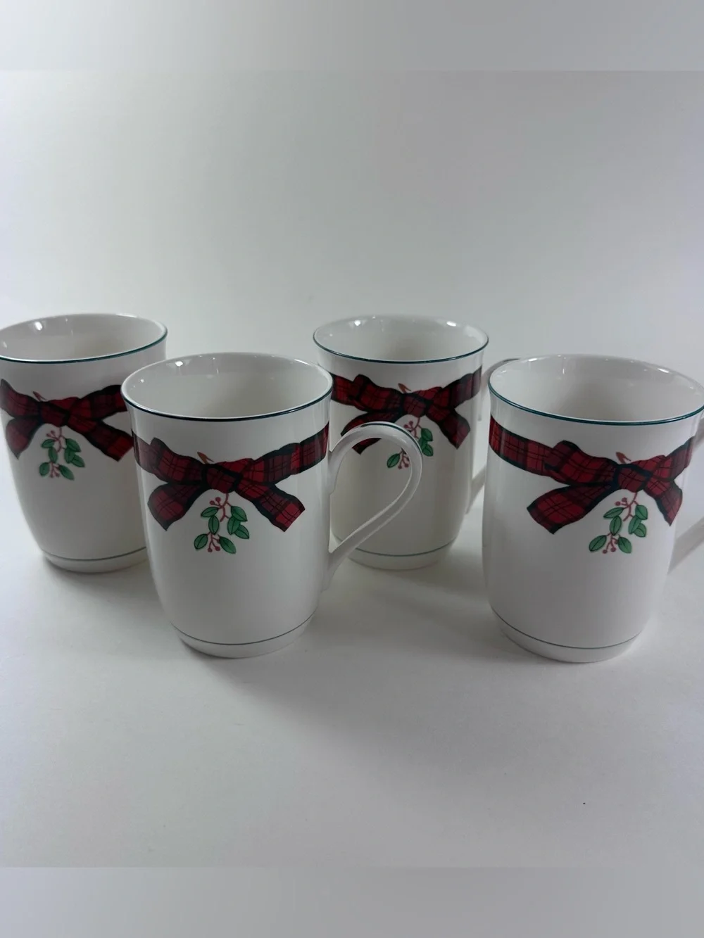 Festive Plaid Ribbon White Ceramic Mug - Set of 4